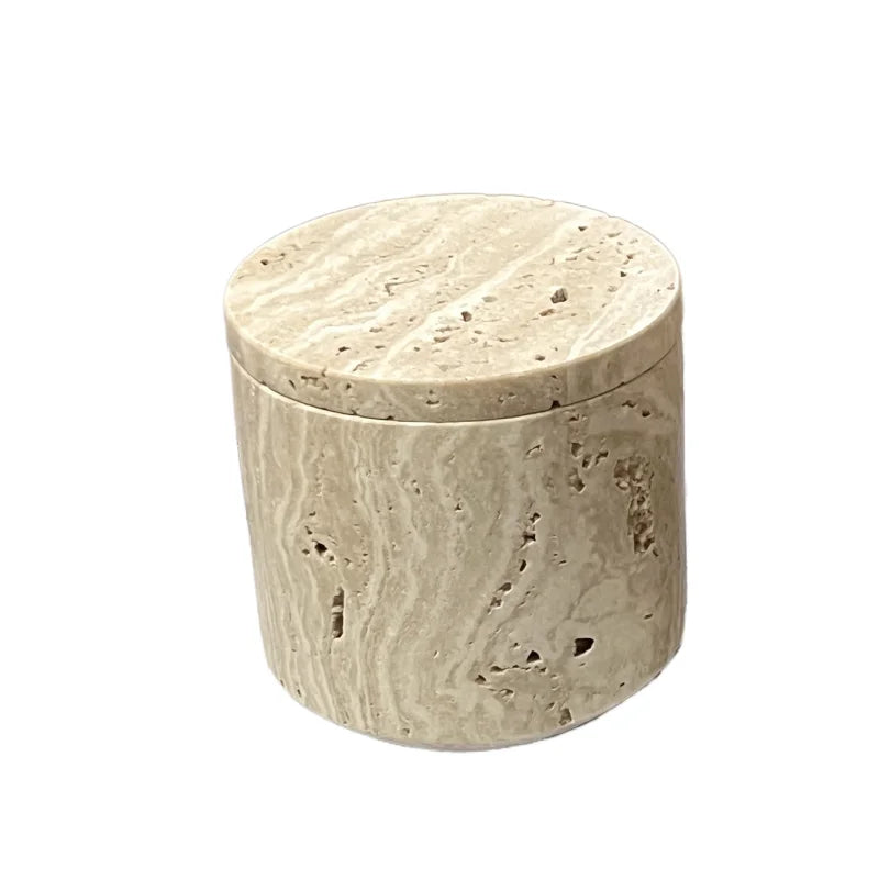 Stonekocc Wabi-sabi Yellow Travertine Natural Marble Stone Sundries Storage Tank Candle Jars With Lid and Boxes Packaging