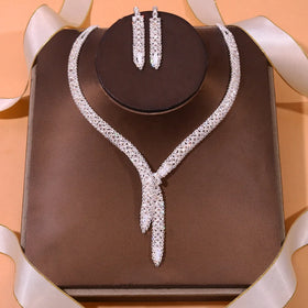 Elegant Luxury Shiny CZ Crystal Rhinestone Necklace Earrings Set Wedding Engagement Bridal Jewelry Set