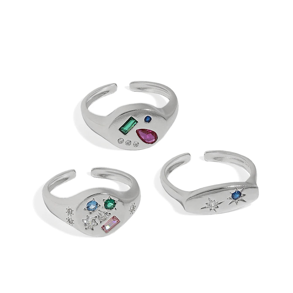 New Design Fall Colorful Rings Geometry Opening Adjustable Colorful Geometry Star Oval CZ 925 Sterling Silver Adjustable Ring