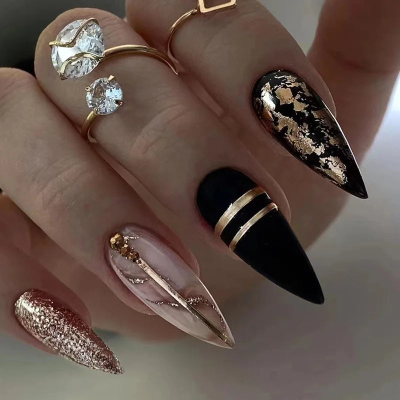 Wholesale Almond Stiletto Gold Glitter Fake False Artificial Nails Press on Nails DIY Plus Logo Press on Nails