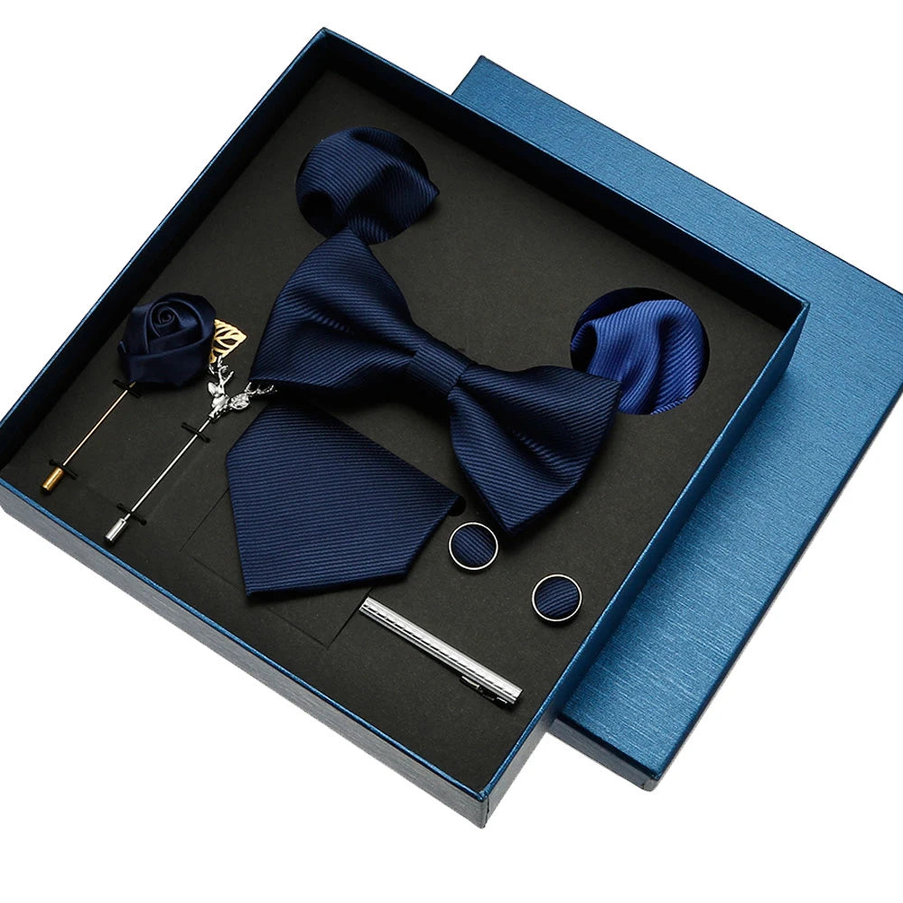 High Quality Custom Men's Polyester Tie Hanky Bowtie Set with Solid Color Cufflinks for Business Party Wedding