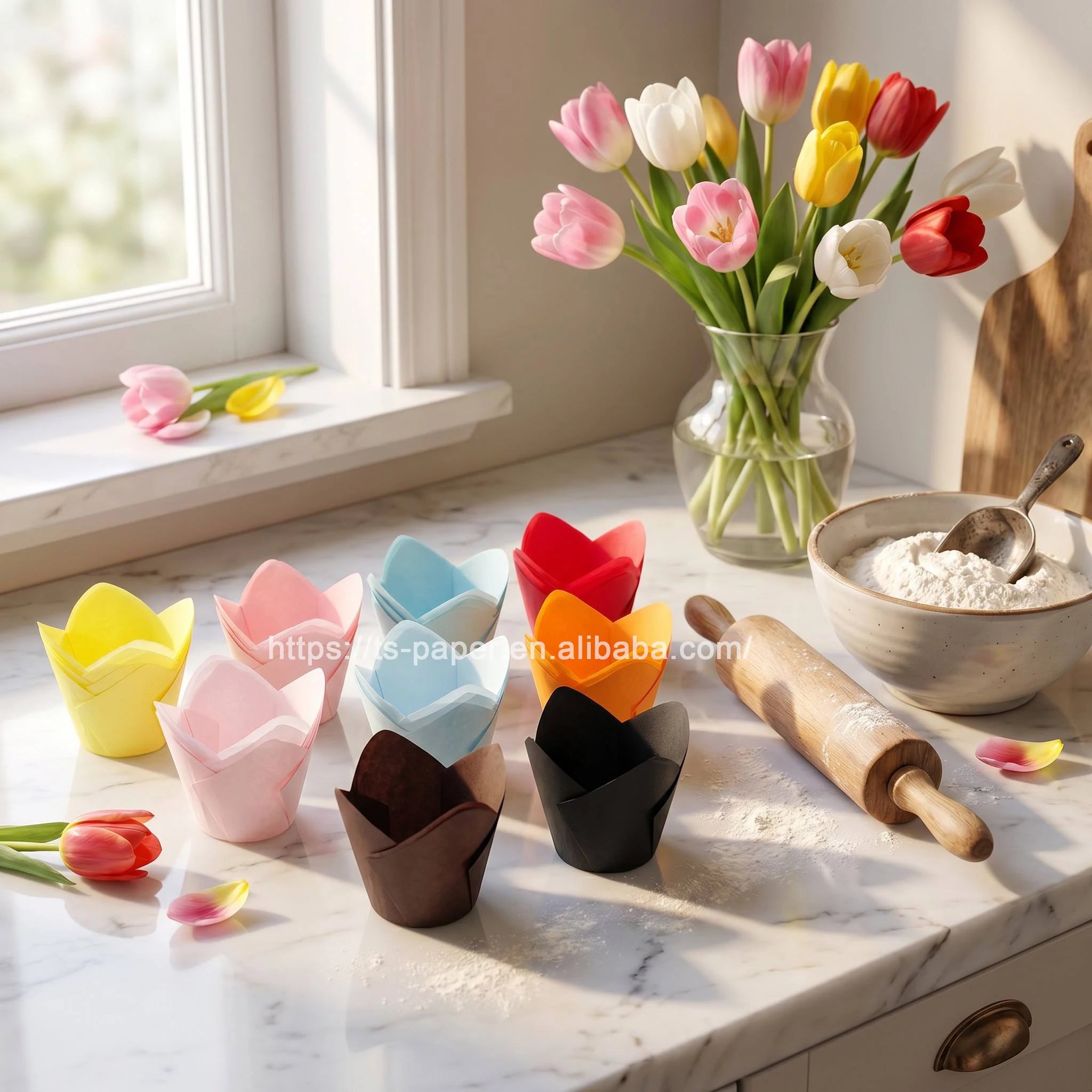 Wholesale Hot Sale Standard Size Coffee Color Heat-resistant Water-proof Grease-proof Tulip Flower Paper Cupcake Cups