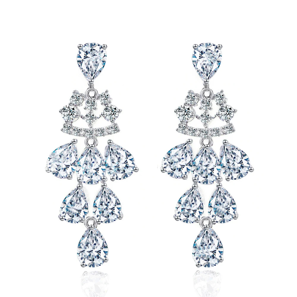 Sparkling Tear Drop White Cubic Zirconia Luxury Long Dangling Drop Leaf Wedding Earrings for Women Costume Jewelry Accessories