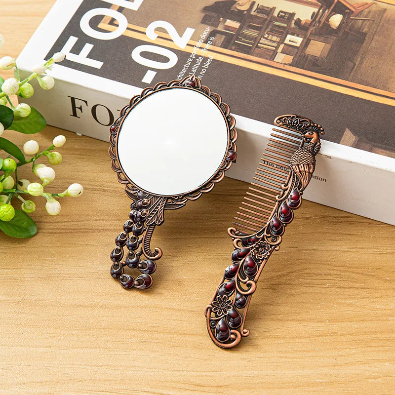 Wholesale Vintage Carve Designs Straight Handheld Makeup Mirror Comb Metal Makeup Mirror Set