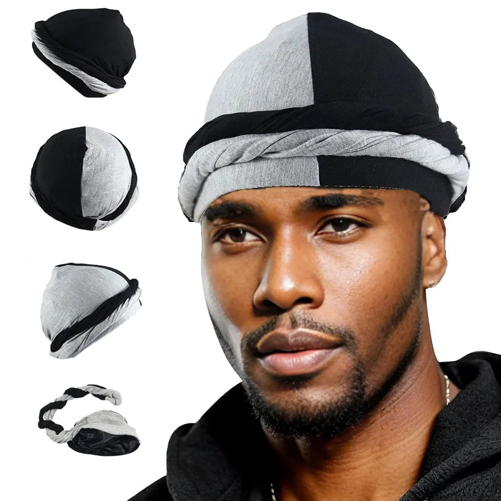 HZM-22367 Two Tone Men Silky Durag Hip-hop Rapper Doo Rag Long Tail Du Rag Headwraps Turban