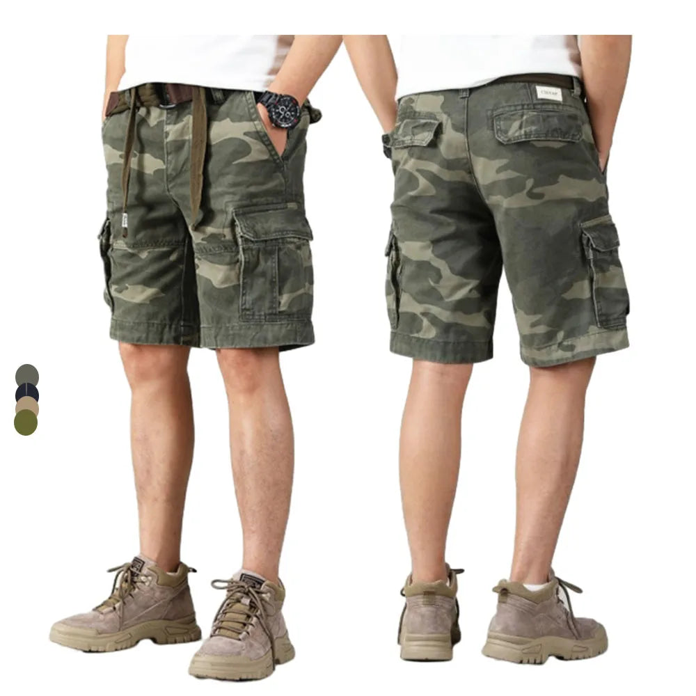 Summer Men'S 100% Cotton Camouflage Cargo Pants Casual Fashion Straight Knee Length of Pants With Belt Soft Loose Shorts
