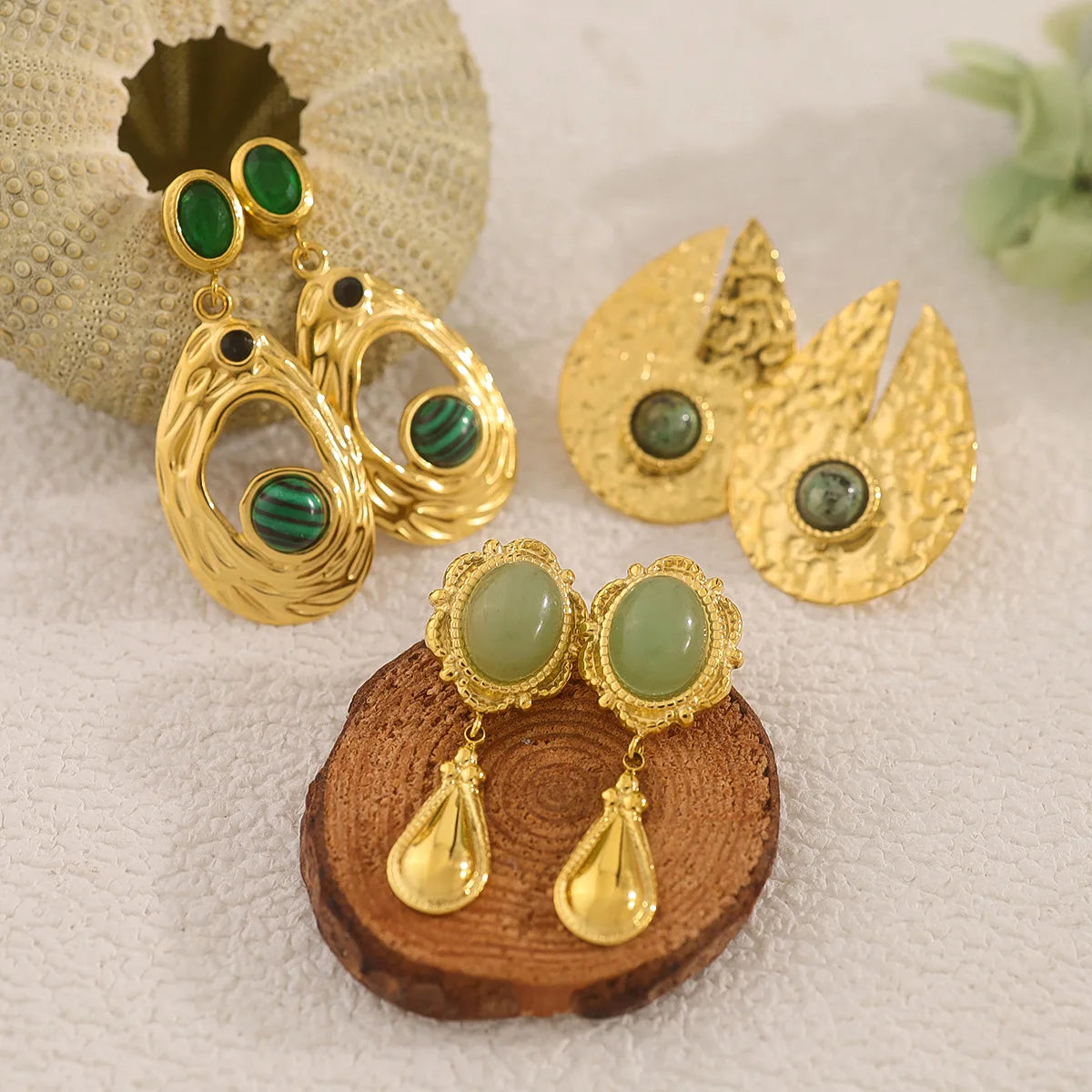 Bohemian Style 18K Gold Plated Natural Stone Irregular Texture Geometric Stainless Steel Earring Set