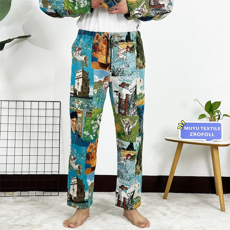 MOQ 1ps Custom Van Gogh Series Elastic Waistband Men's Casual Woven Tapestry Pants Flat Front Drawstring Closure Men's Pant