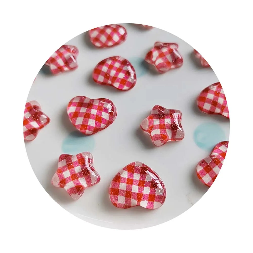 Valentines Checked Hearts Stars Resin Flatback Cabochon DIY Scrapbooking Deco Parts Crafts Making