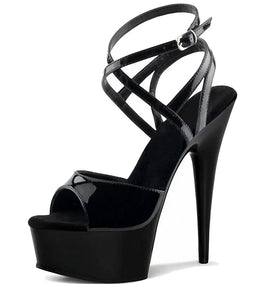 6 Inch Black Shiny Thin Heel Strip Dance Pole Dance High Heels Anti slip Platform Leaky Toe Large Sandals