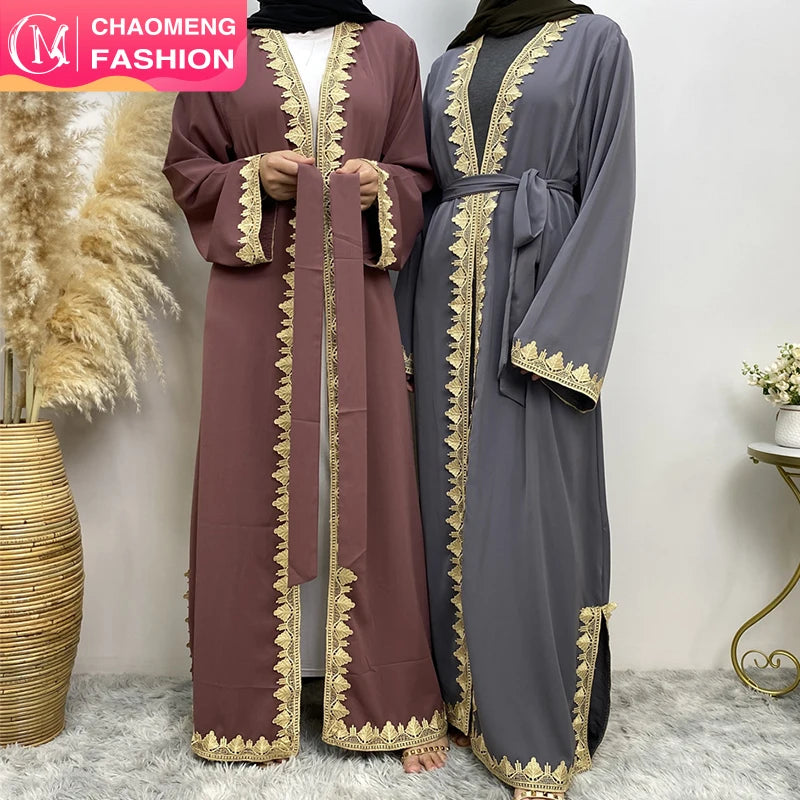 Premium Quality Gold Applique Open Abaya Bottom Small Split Fashion Nida Abayas Cardigan for Muslim Ladies 1893#