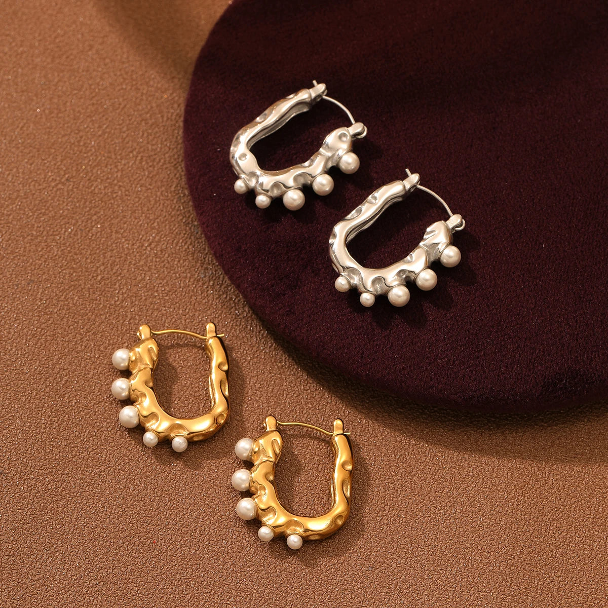 PVD Gold Hoop Earrings for Women Stainless Steel U Shaped Huggie Waterproof Shell Pearl Earrings Hoop