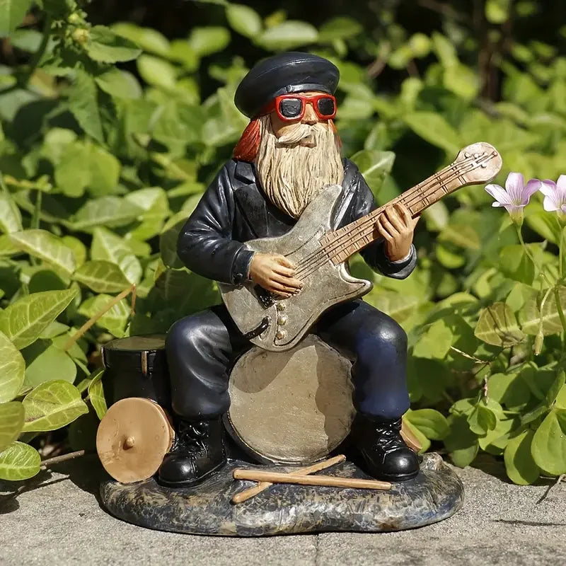 Rockstar Grandpa Resin Sculpture Playing on Bass Drum Detailed Band Set with Snare and Cymbals Cool Music Themed Desk Decor