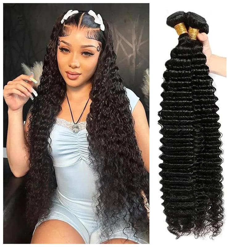 Human Hair Bundles  Deep Wave Bundles Brazilian Human Hair Weave Bundles Virgin Hair Weft 150% Density Natural Color