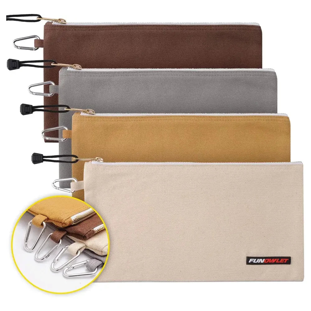Utility Heavy Duty Canvas Tools Zipper Pouch with Carabiner Organizer Clip on Tote Bags