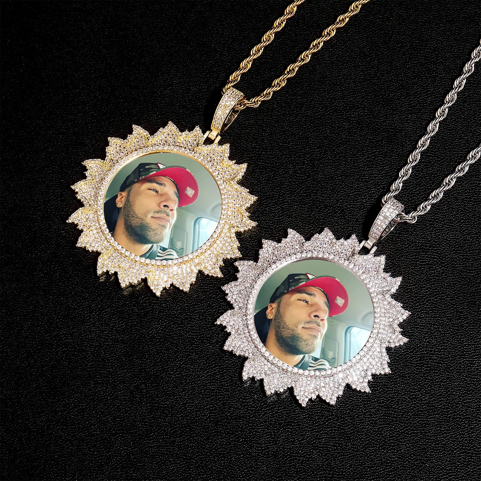 Hip Hop Photo Pendant Sunflower Shaped Circular Solid Pendant Micro Inlaid Zircon Necklace