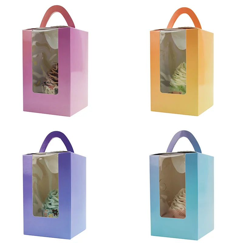 Gradient Colors Mix One Hole Cupcake Packaging Paper Box With Handle Party Favour Boxes for Kid' Birthday Cupcake Cookie Carrier