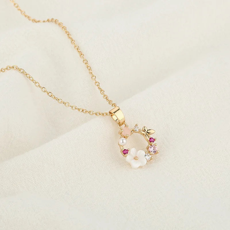 Fashion Creative Butterfly Flowers Necklace Zircon Crystal Pearl Shell Garland Women Pendant Necklace