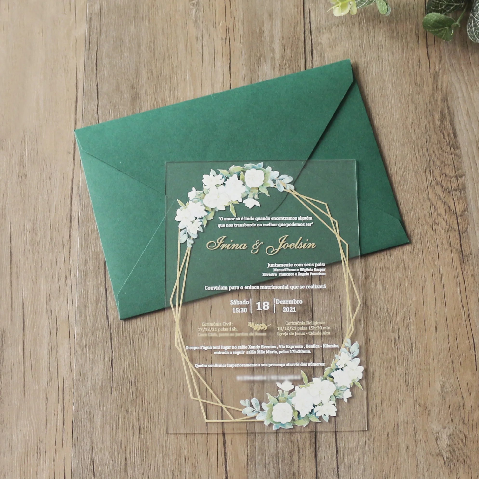 Floral Clear Acrylic Wedding Invitation Card Menu Cards  Bridal Shower Invitation with Green Envelope