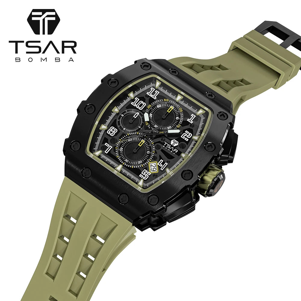 Business Men's Luxury Fashion Sports Watch Seiko Japanese Quartz Tonneau Case Crystal Sapphire 18mm Silicone Band Chronograph 5