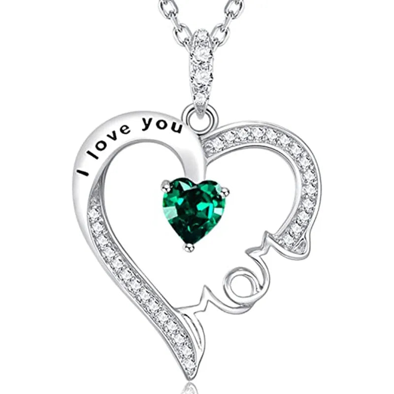 Huitan OEM/ODM Elegant Green Color Crystal Love Necklace for Women Creative Mother's Day Silver Plated Popular Pendant Necklaces
