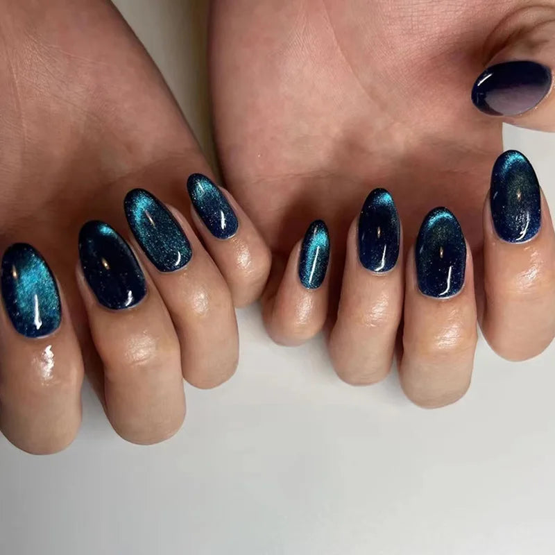 Customer Designed Personalized Oem 24pcs Cat Eye Blue Round Nail Manicure Les Faux Ongles En Gros Press on Nail