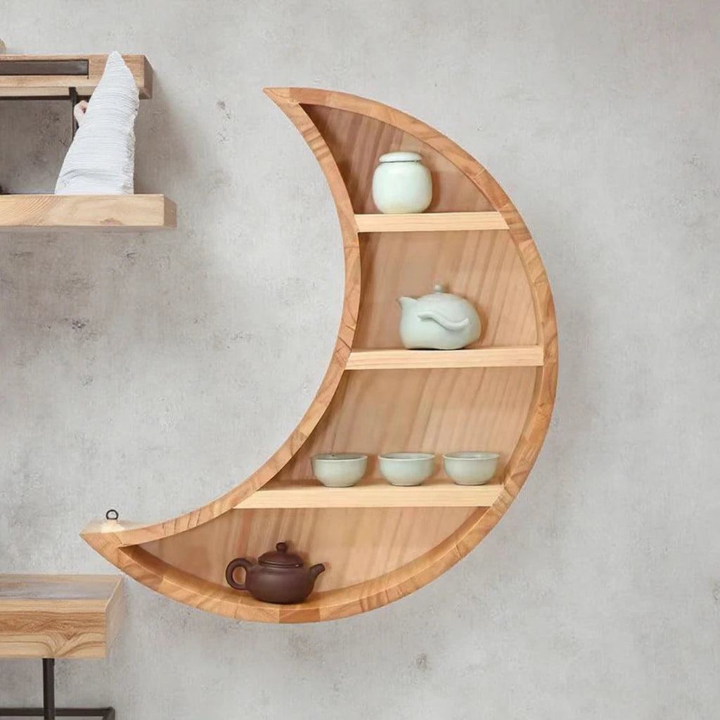 Solid Wood Moon Shelf for Essential Oils Crystals Wall-Mounted with Standing Type Installation for Living Room or Bedroom