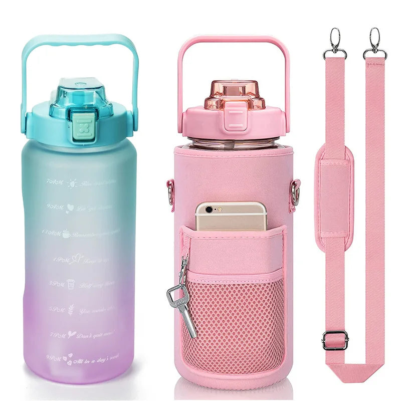Large Capacity Plastic Water Bottle Set Half Gallon Gradient Color Gym Drinkware Motivational Durable Sport Bottle with Sleeve