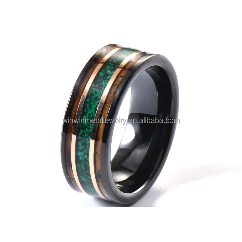 Fashion Black Tungsten Carbide Wood Malachite Invisible Setting Rose Gold Strip 8mm Wedding Band Mens Engagement Ring Comfort