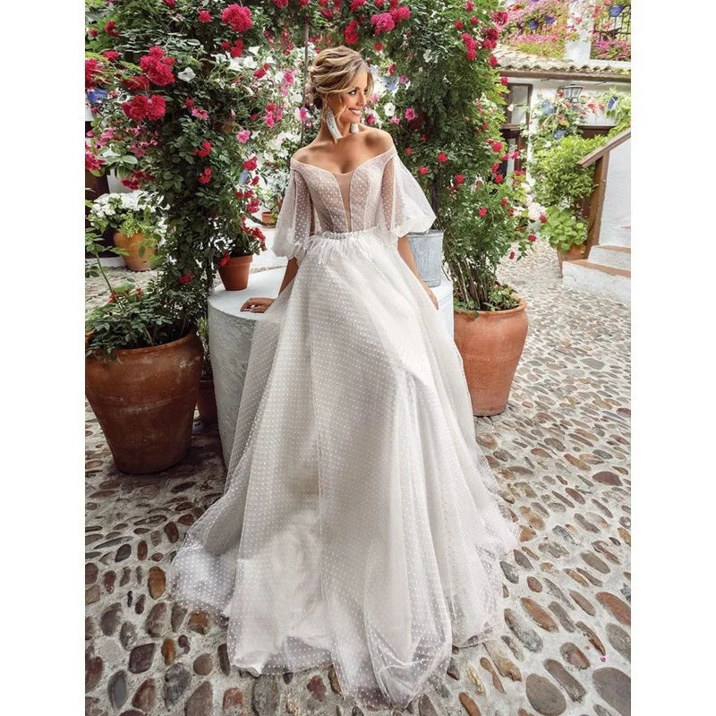 Dreamlike Princess Off Shoulder Dot Tulle Wedding Dress Puff Sleeve Puff Sleeve Bridal Gown 2025 Appliques Vestido De Novia