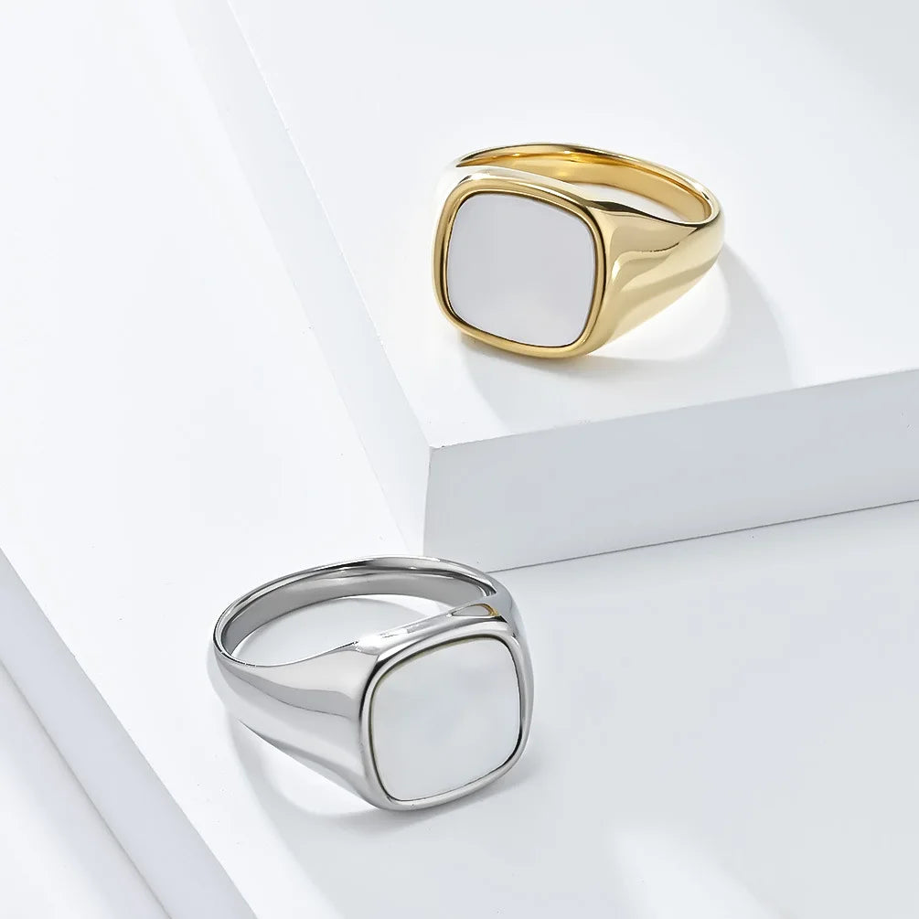 Luxury Stainless Steel Inlaid with Seashells Signet Ring Men Women square Wedding Ring Fashion Accessories