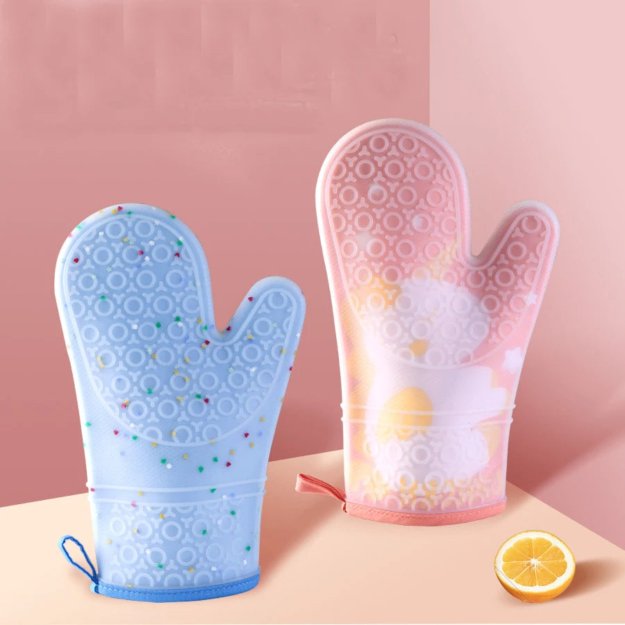 Oven Mitts Set Transparent Silicone Shell Printed Cotton Lining Non-Slip Heat Resistant Food Safe Custom Design for Kitchen BBQ