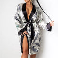 Home Ladies Pajamas Bathrobe Long Sleeve Luxury Silk Satin Kimono Robe Elastic Waist Thermal Knitted Breathable Quick Dry 3pcs