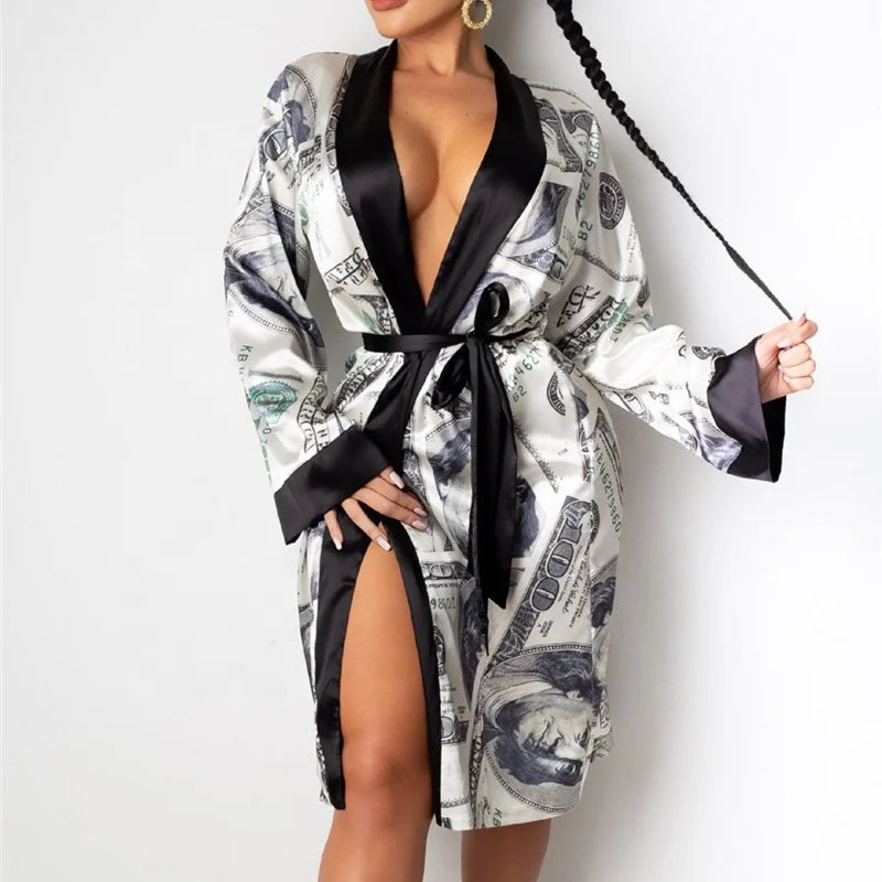 Home Ladies Pajamas Bathrobe Long Sleeve Luxury Silk Satin Kimono Robe Elastic Waist Thermal Knitted Breathable Quick Dry 3pcs
