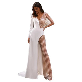 2024 Tropical Spring New Arrival Fashion Patchwork Spliced V Neck Lace Irregular Evening Solid Color Women Dress White