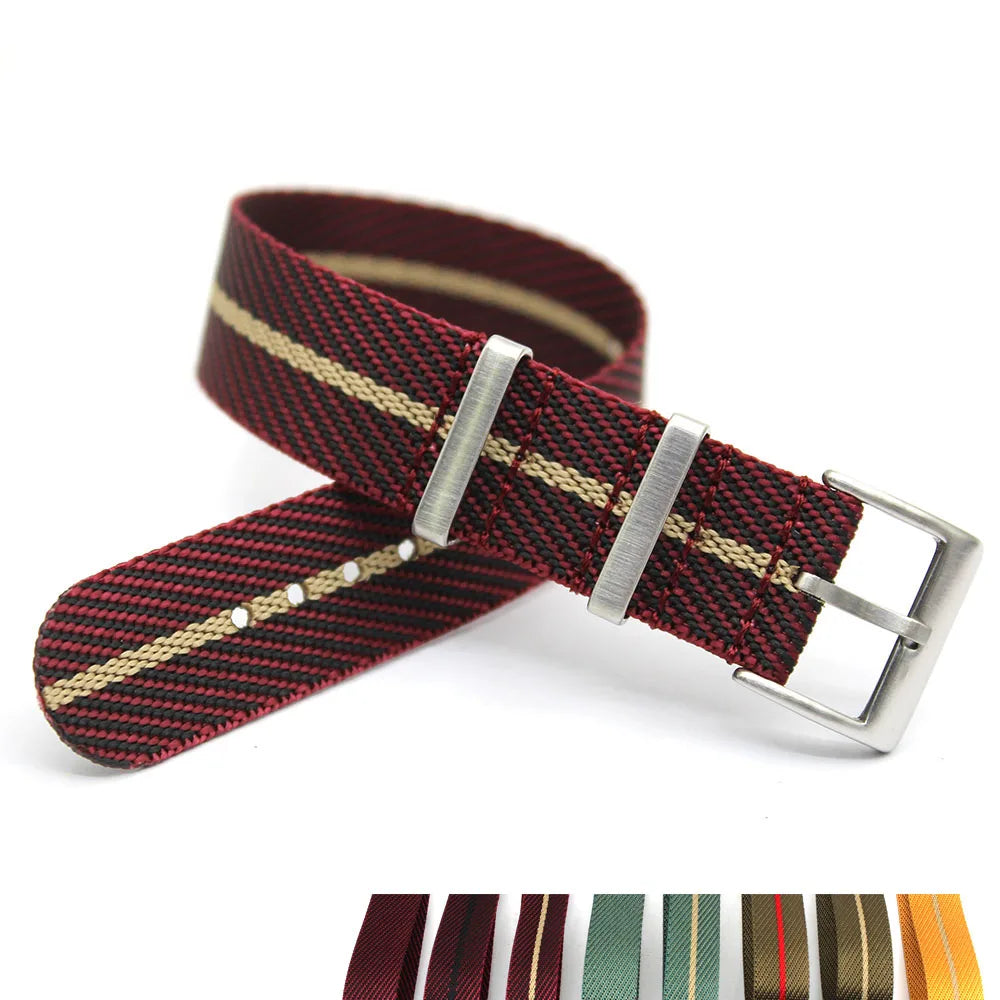 Factory Stocked Burgundy Beige Stripe 18mm Fabric Watchband 20mm 22mm Wrist Nylon Twill Striped Watch Strap