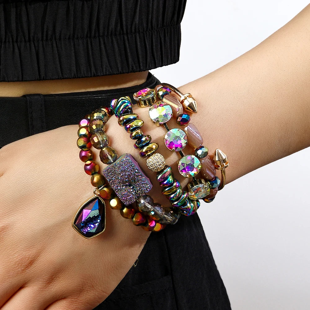 2026 New Fashion Bohemian Spring Colorful Jewelry 6pcs Natural Stone Shiny Glass Hematite Beaded Stretch Stack Bracelet Set MegaBDM