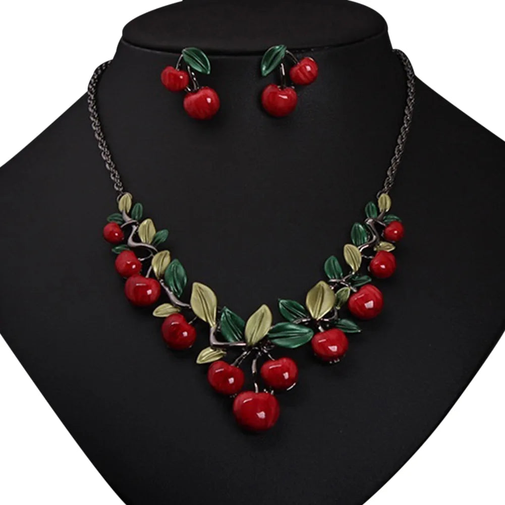 Collar Cereza Three-dimensional With Green Leaf Cherry Necklace Jewelry Lovely Fruit Red Cherry Dangle Earring Set