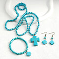 Retro Bohemian  Women Jewelry 6mm Turquoise Glass Knot NecklaceBeaded Elastic Bracelet Earrings Turquoise Cross Pendant