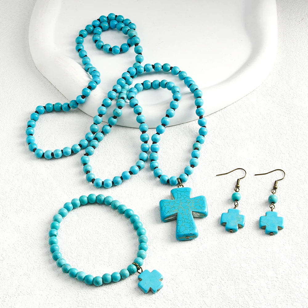 Retro Bohemian  Women Jewelry 6mm Turquoise Glass Knot NecklaceBeaded Elastic Bracelet Earrings Turquoise Cross Pendant