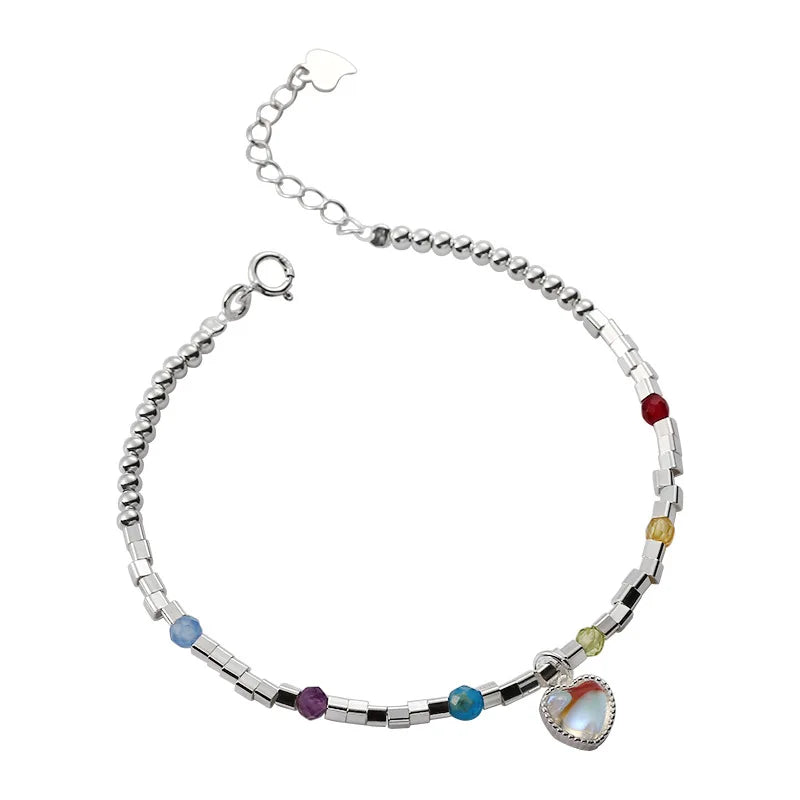 925 Sterling Silver Cute Heart Beaded Bracelet with Synthetic Moonstone Crystal for Women's Gifts and Parties