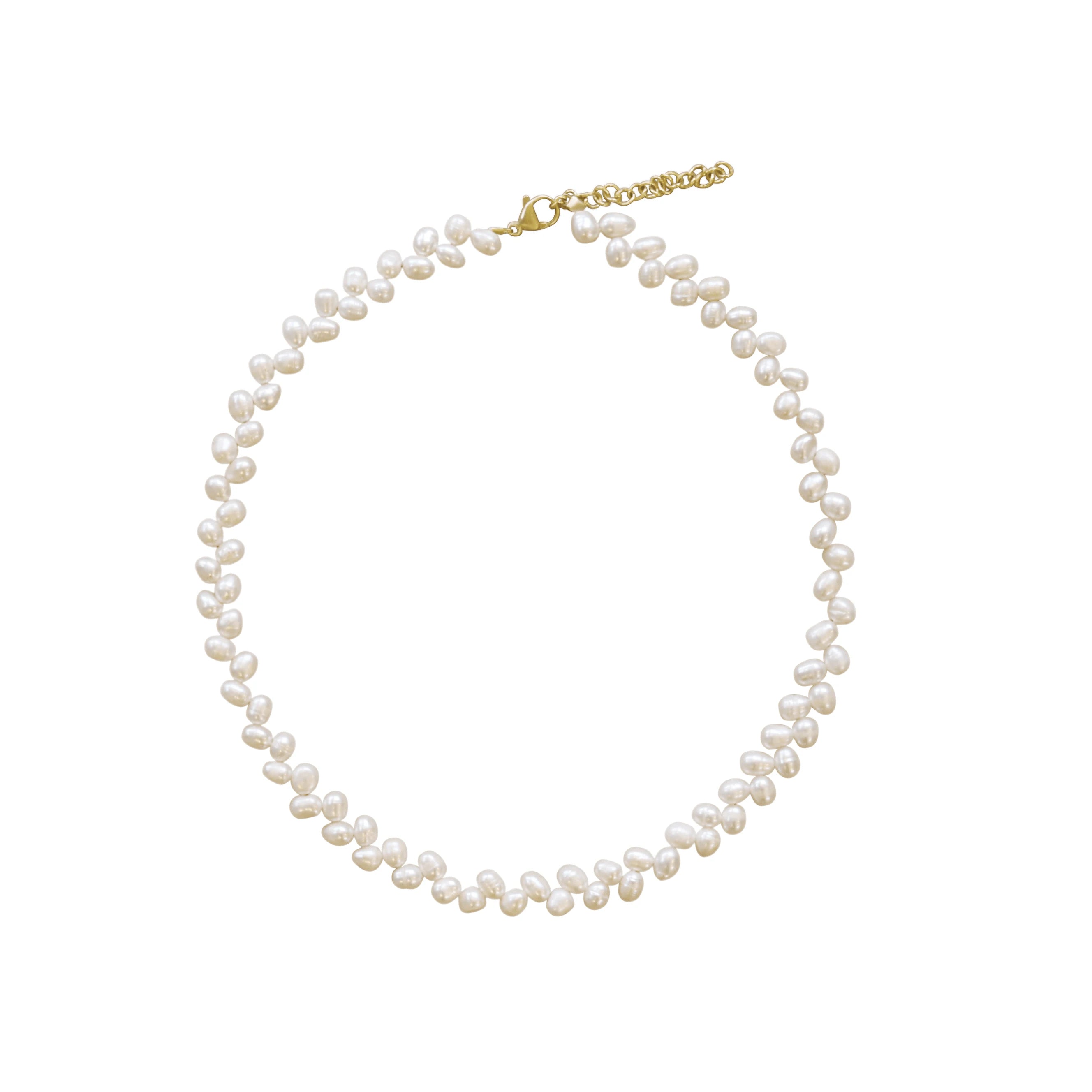 Choker Necklace 14 Inch+5 CM Freshwater Pearl for Women 5-6 Mm Rice Pearl Side Hole Necklaces Stainless Steel Pvd Gold Clasp