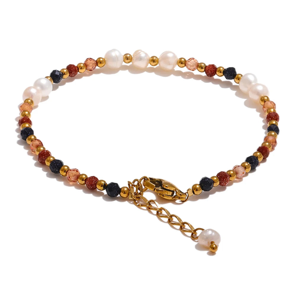 JINYOU 2258 Natural Stone Freshwater Pearl Bead Chain Bling Bracelet Bangle Stainless Steel Handmade Fashion Jewelry Women