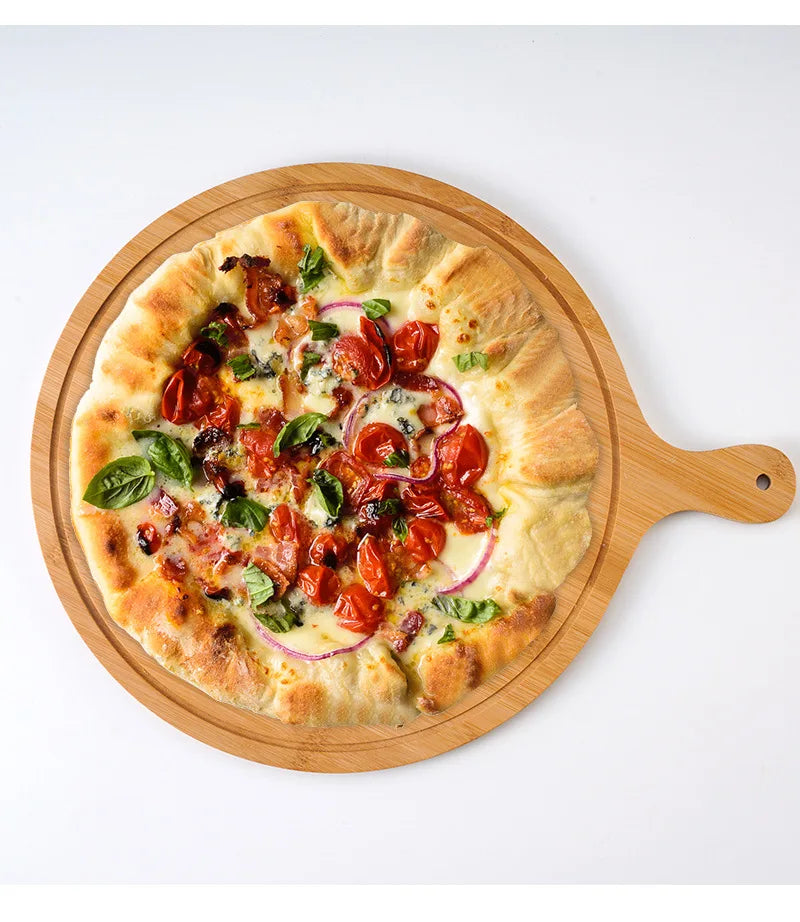 Round Natural Bamboo Cutting Board  Pizza Peel Pizza Paddle Pizza Board With Handle