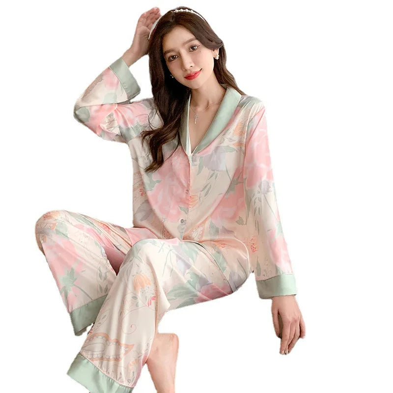 Factory Price Luxury Ice Silk Satin Long Sleeve Women's Sleepwear Pajamas Sets