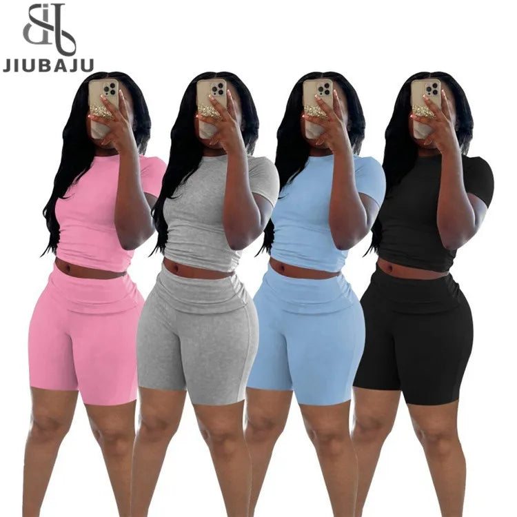 2025 Summer New Casual Comfortable 2 Piece Sets Woman Outfit Solid Short Sleeve O-neck Top + Shorts Suit