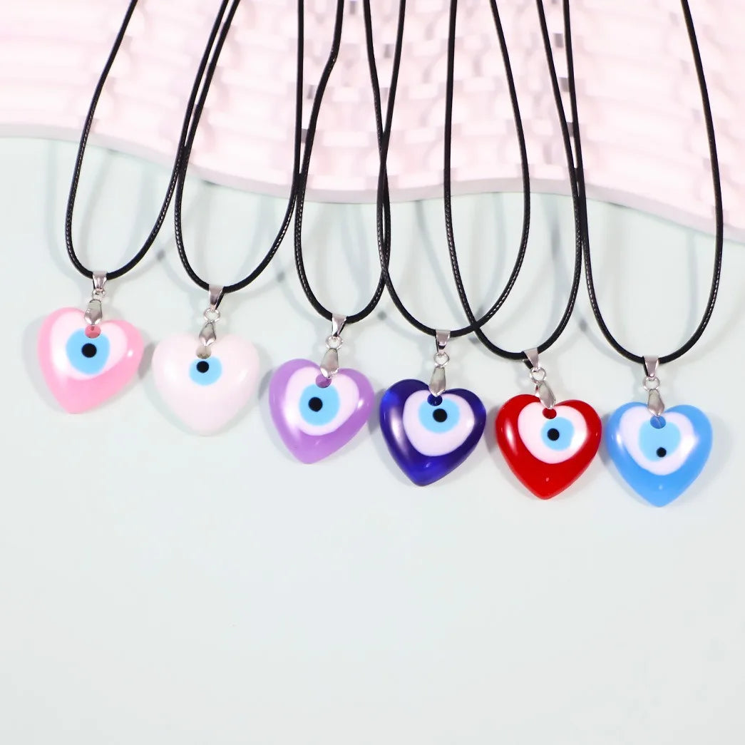2.5cm Love Heart Shaped Blue Resin Eye Pendant Rope Chain Necklace Heart Charms Wax Rope String Pendant Evil Angel Eye Necklace
