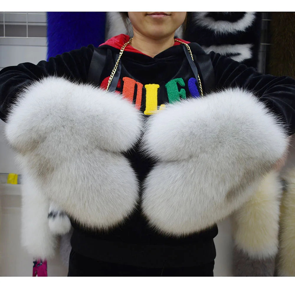 MWFur Luxury Winter Hand Warmer Unisex Natural Fox Fur Gloves for Women Girls Fox Fur Mittens Suede Leather Palm