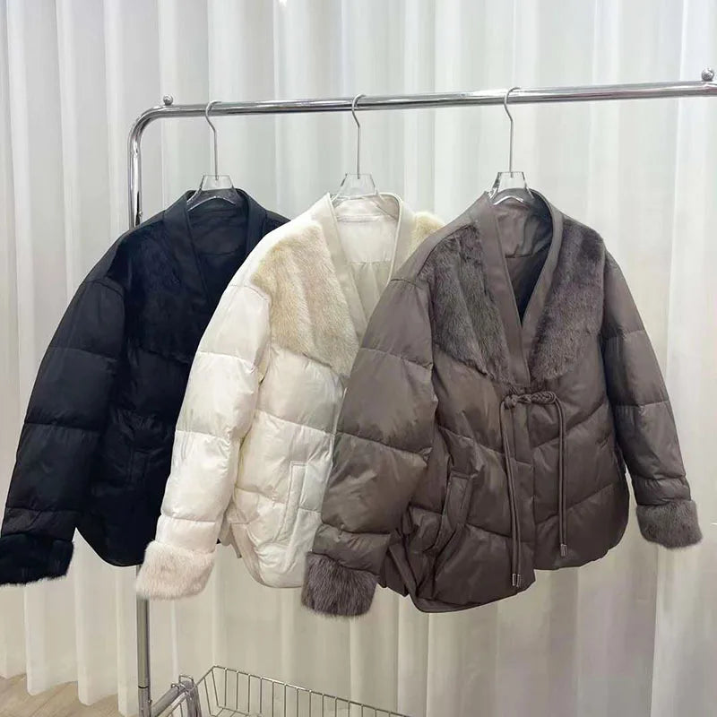 OFTBUY 2023 Winter New Arrival High-End Fashionable V-Neck Down Blouson with Real Mink Fur Leisure Short Warm Loose Jacket