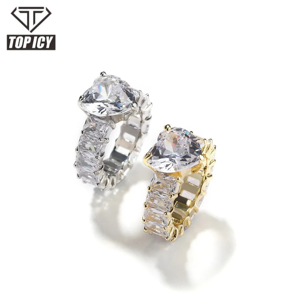 Wholesale Fashion Jewelry Iced Out Heart Ring 5A Cubic Zirconia Heart Shaped Diamond Ring Gold Plated Engagement Wedding Gift